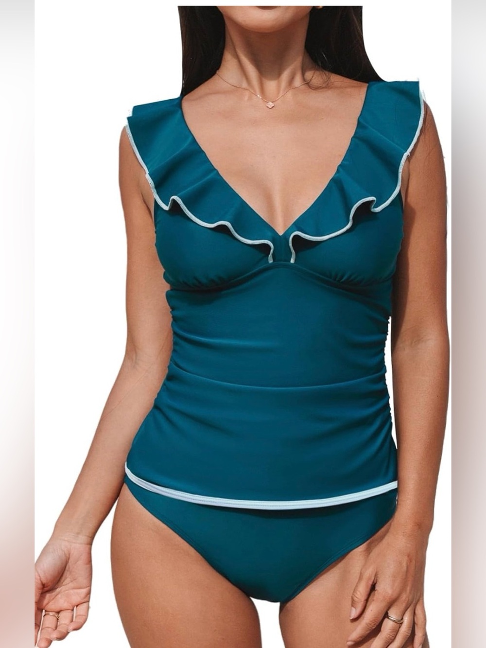 Cupshe Teal Ruffle V-Neck Adjustable Straps Tankini Set with Contrast Trim
